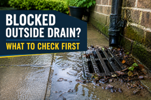 Blocked outside drain with standing water and debris at a Twickenham property