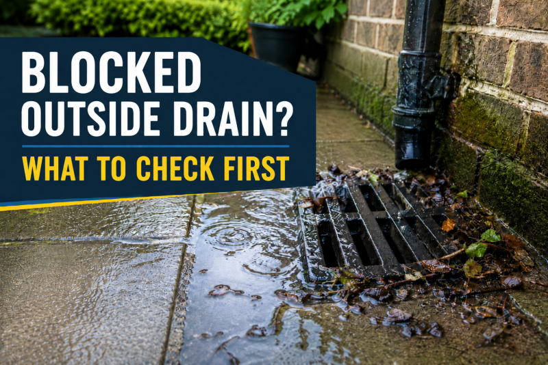 Blocked outside drain with standing water and debris at a Twickenham property