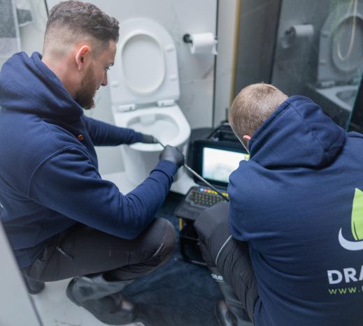 CCTV drain survey being carried out through a toilet to investigate an emergency drainage problem in Twickenham