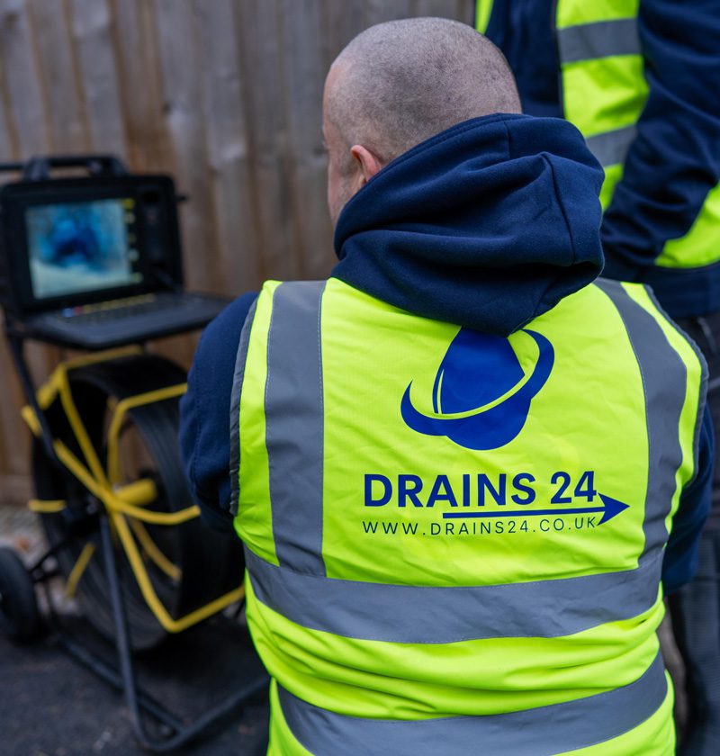 Drainage engineer carrying out a CCTV drain check for repeat blockages at a Twickenham property