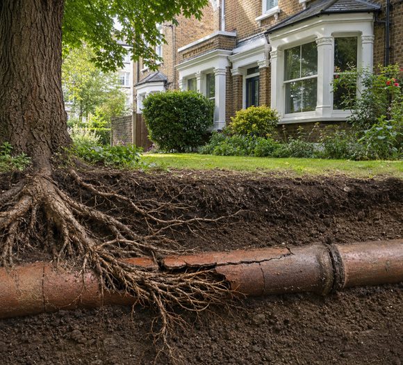 Older Twickenham property with mature tree roots reaching cracked clay drain pipes underground