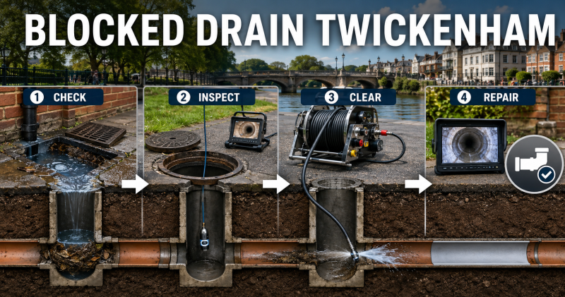 Infographic explaining what to do with a blocked drain Twickenham property, including inspection chamber checks, drain unblocking, CCTV survey and repair advice.