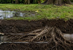 Tree roots in Twickenham drains causing repeat blockages, damaged pipe joints, CCTV inspection and root removal advice.