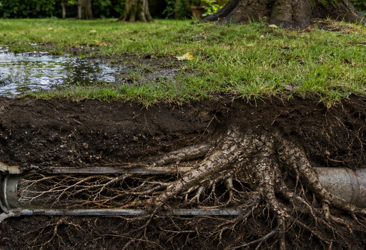 Tree roots in Twickenham drains causing repeat blockages, damaged pipe joints, CCTV inspection and root removal advice.